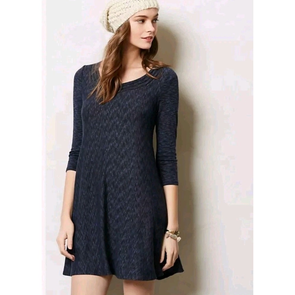 Saturday Sunday Anthropologie Navy Space Dye Knit A-Line Dress 3/4 Sleeve Medium